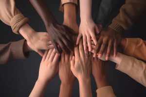 Many hands of different races and ethnicities.