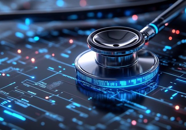 3d stethoscope hovering over 2D digital patient chart blending real medical tools live electronic medical records